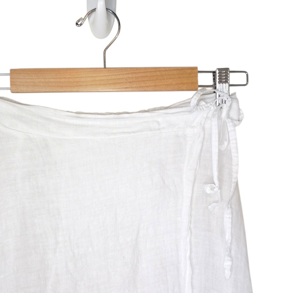 White Linen Wrap Midi Skirt Elastic Back Side Tie Coastal Minimalist Pocket - Picture 4 of 11